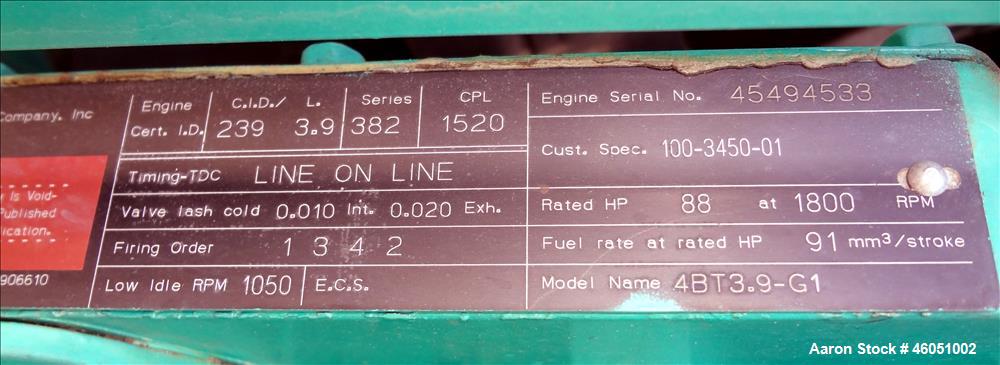 Used Cummins 50 kW standby (45 kW prime) diesel generator set, model 50DGCA, SN-C970633354. Cummins 4BT3.9-G1 engine rated 88 HP at 1800 RPM, SN-45494533. Rated and currently set up 50 kW 1/60/120/24...