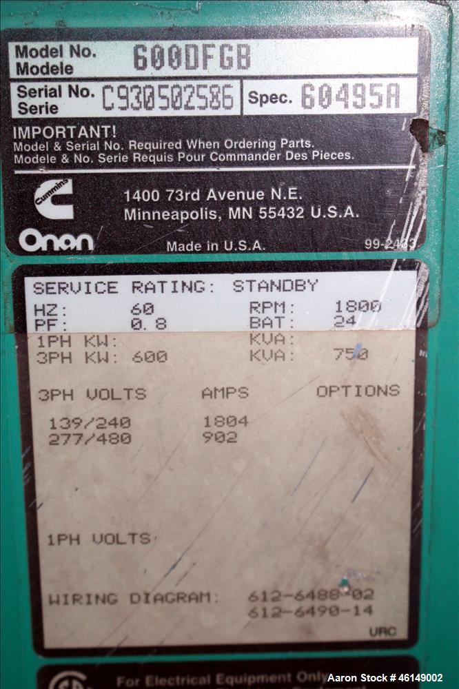 Used Cummins 600 kW standby (545 kW prime) portable /trailer mounted diesel generator set, model 600DFGB-60495A, SN-C930502586. Cummins VTA28-G5 engine rated 900 HP at 1800 RPM. PMG - permanent magne...