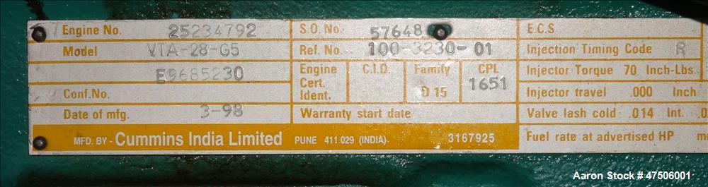 Used Cummins 600 kW Diesel Generator Model DFGB. Cummins VTA-28-G5 Engine