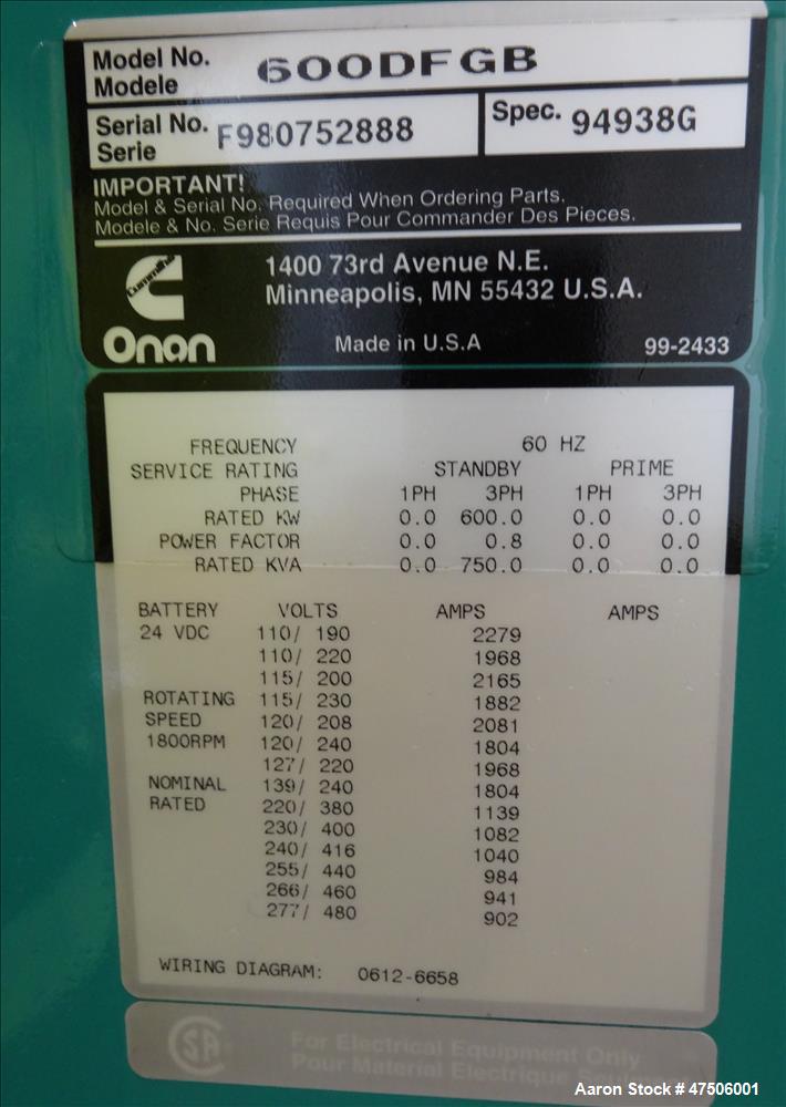 Used Cummins 600 kW Diesel Generator Model DFGB. Cummins VTA-28-G5 Engine