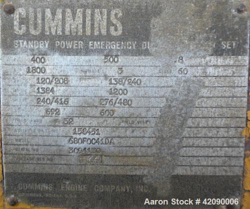 Used Cummins 400kW Diesel Generator Set, model 680F0C41DA; engine model VT12700GS, serial #2172638. 3/60/120/208/277/480V. 1868.3 hours.