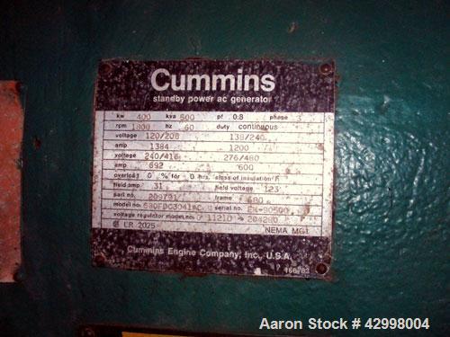 Used Cummins 400 KW diesel generator set, model 680FDC3041AC, 500 kva, 3/60/276-480 volt, serial# EM-90500. With Cummins model VT12-600-GS engine, 626 hours on meter