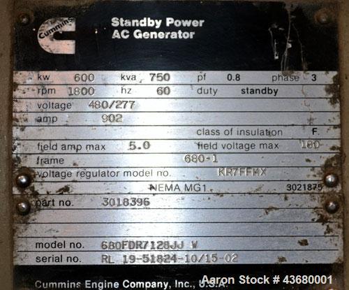 Used Cummins 600 kW Diesel Generator Set. Cummins model VTA28GS2 engine rated 900 HP @ 1800 RPM SN-37110166. 3/60/277/480V. Main-line circuit breaker. No muffler, includes muffler flex connections (s...