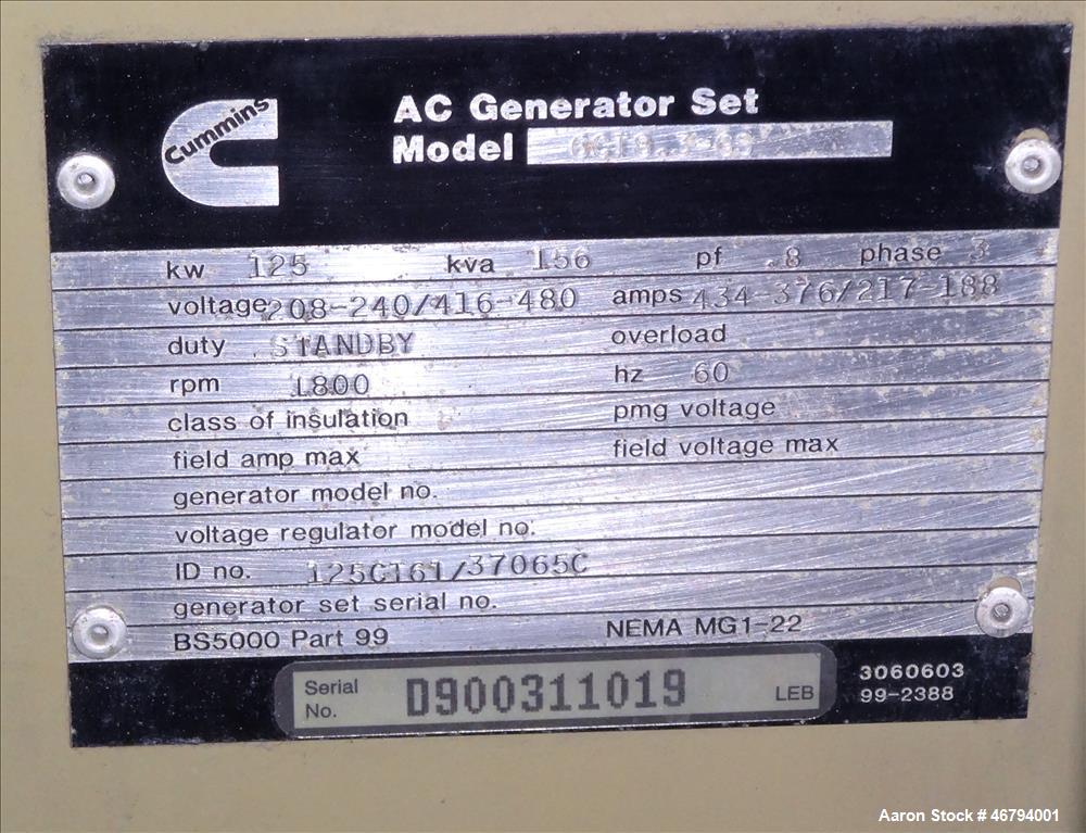 Used Cummins 125 KW standby diesel generator. Cummins 6CT8.3-GS engine