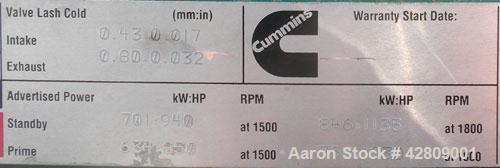 Used Cummins 750 kW standby (680 kW prime) diesel generator set. Cummins model 750DFHA-1386, SN-J000166135. Cummins QST30-G1-NR1 engine, EPA Tier 1, rated 1135 HP at 1800 RPM, SN-37195513, turbocharg...