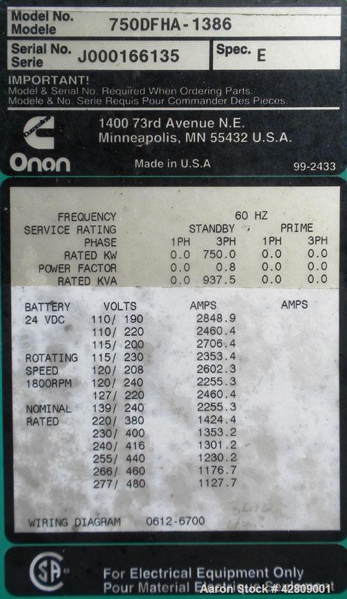 Used Cummins 750 kW standby (680 kW prime) diesel generator set. Cummins model 750DFHA-1386, SN-J000166135. Cummins QST30-G1-NR1 engine, EPA Tier 1, rated 1135 HP at 1800 RPM, SN-37195513, turbocharg...