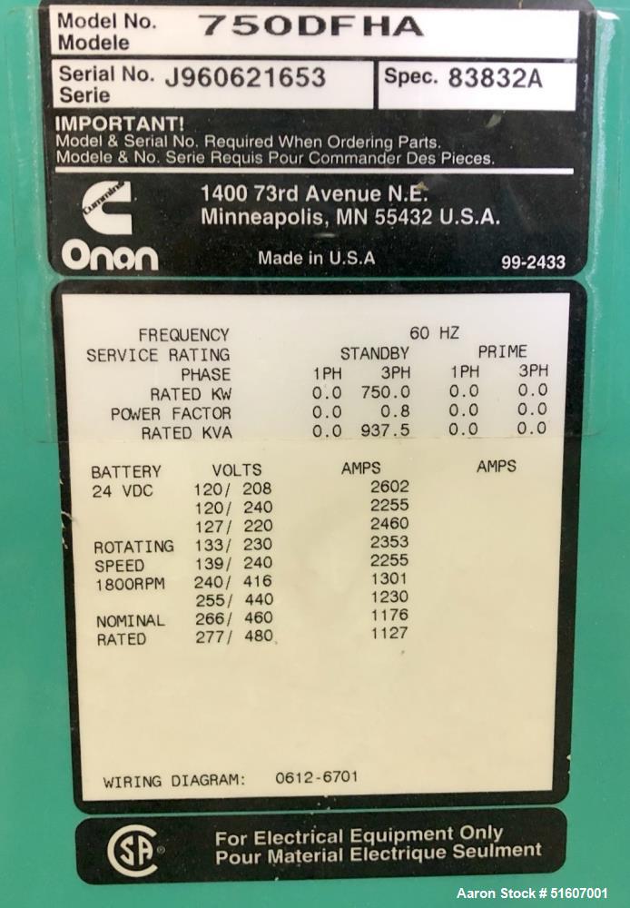 Used Cummins 750 KW 750DFHA Generator. 640 Hours.  277/480 Volt.