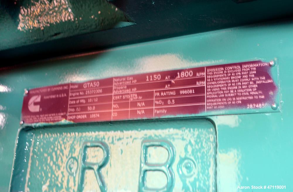 Used Cummins 750 kW Natural Gas Generator, Model 750GFLC. Cummins GTA50 Engine