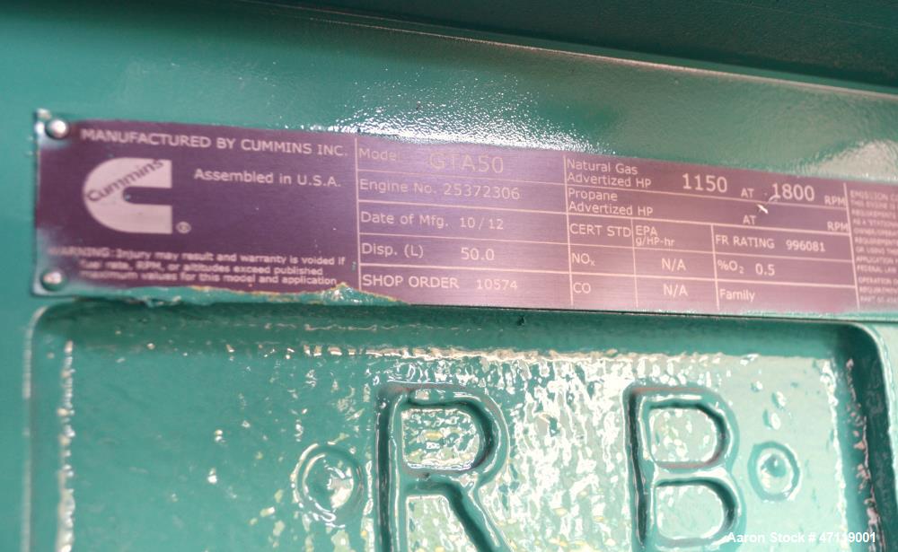Used Cummins 750 kW Natural Gas Generator, Model 750GFLC. Cummins GTA50 Engine