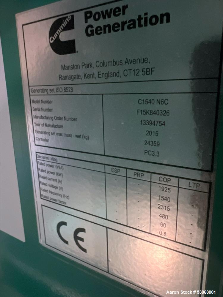 Used Cummins C1540 N6C Natural Gas Generator Set – 1540 kW, QSV91G Engine, Low BTU Gas Capable, 60 Hours