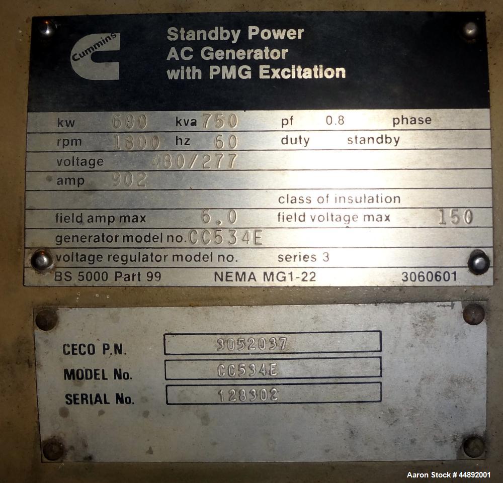 Used Cummins 600 kW Standby Diesel Generator Set. Cummins model VTA-28GS2-49999 engine rated 900 hp @ 1800 rpm, serial #37119900. 3/60/277/480V. Drop over weather enclosure.  154 hours. Year 1988.  P...