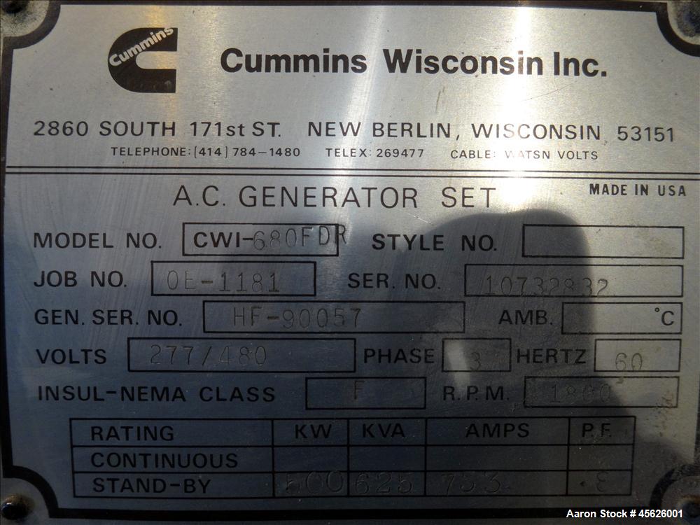 Used Cummins 500 kW diesel generator. Cummins VTA-1710-GS engine.