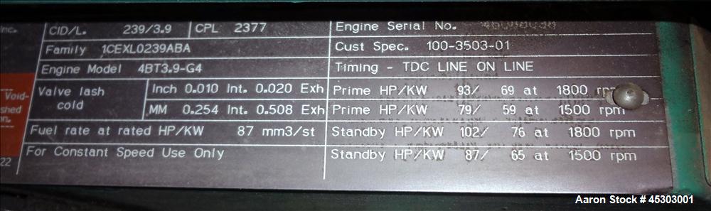 Used Cummins 60kW standby (55kW prime) diesel generator set, model DGCB-4957237 SN-C010222503. Cummins 4TB3.9-G4 rated 102 HP at 1800 RPM. 1/60/120-240V, 12 lead reconnectable to other 3 phase voltag...