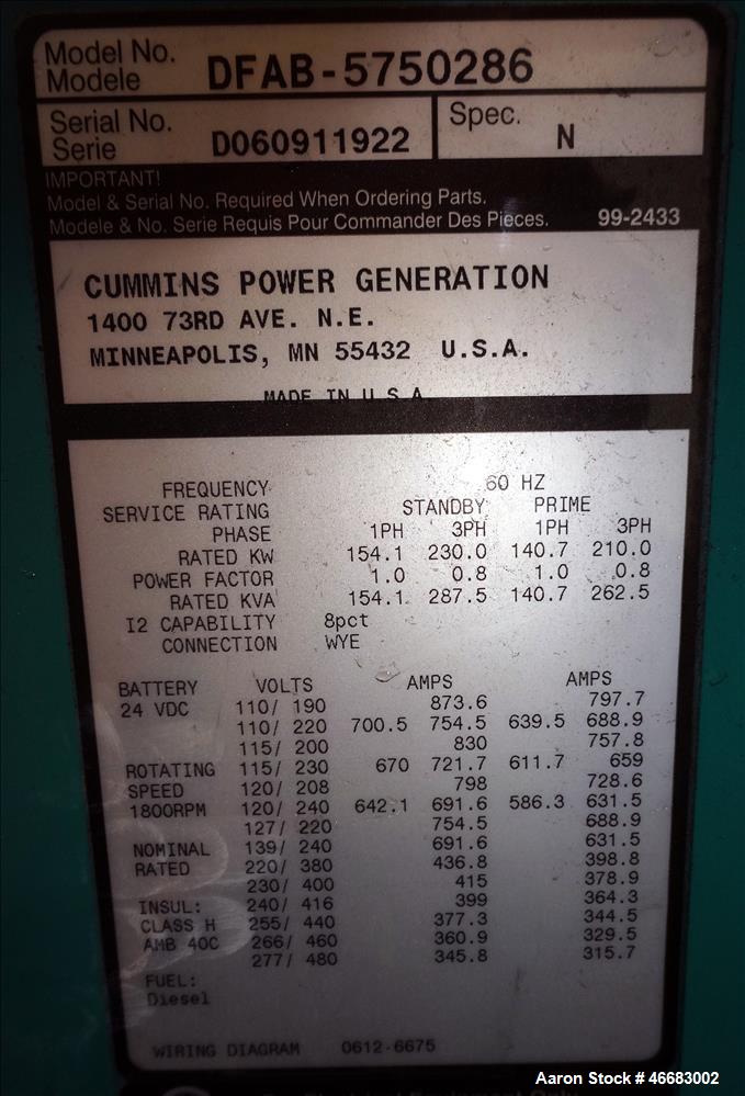 Used Cummins 230 kW Diesel Generator. Cummins LTA10-G1 Engine