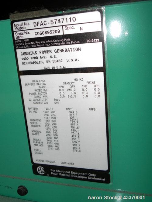 Used Cummins 250 kW standby (225 kW prime) Diesel Generator Set, model DFAC-5747110, serial #C060895209. Cummins LTA10-G1 engine rated 380 hp @ 1800 rpm. 3/60/277-480V with PMG. PowerCommand 2100 dig...