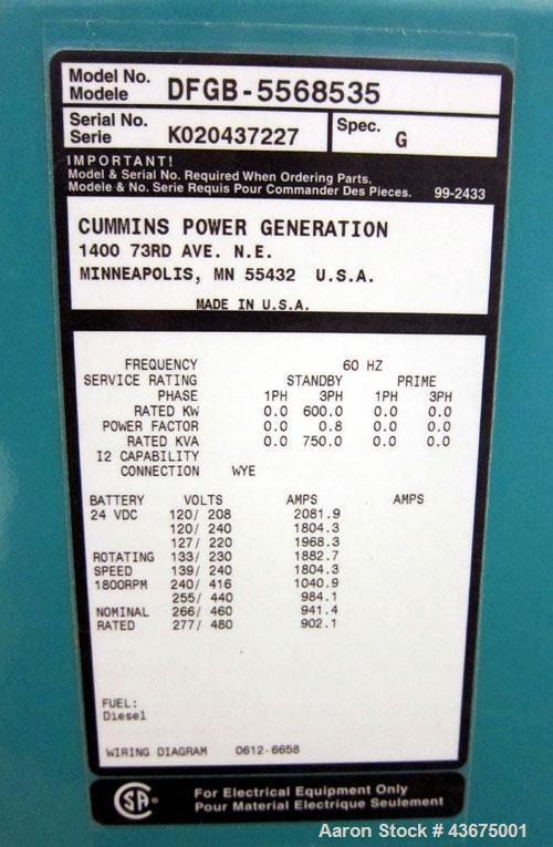 Used Cummins 600 kW Standby Diesel Generator Set, Cummins Model VTA28-G5
