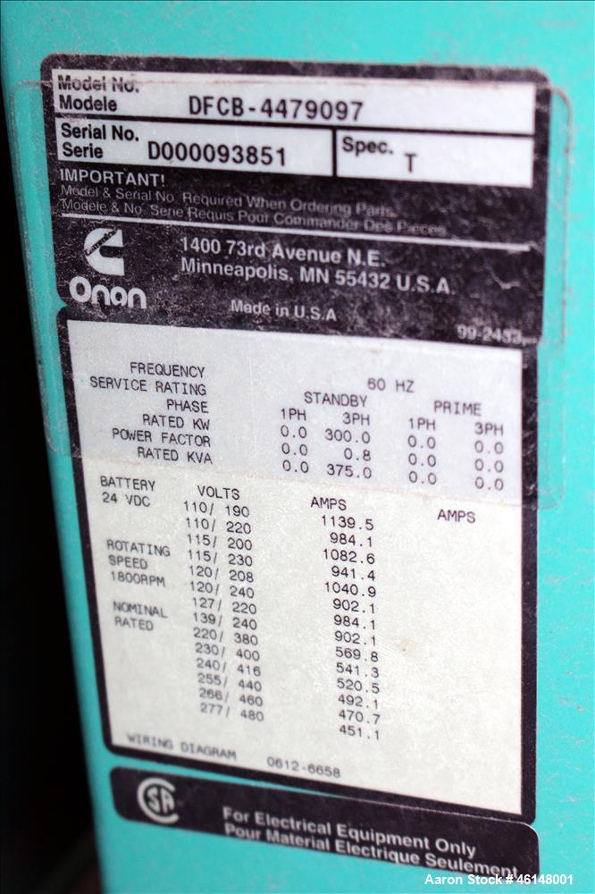 Used Cummins 300 kW standby (270 kW prime) diesel generator set, model DFCB, SN-D000093851. Cummins model NTA-855-G2 engine rated 465 HP at 1800 RPM, SN-30364216. 3/60/277/480V. 600 Amp main- line ci...