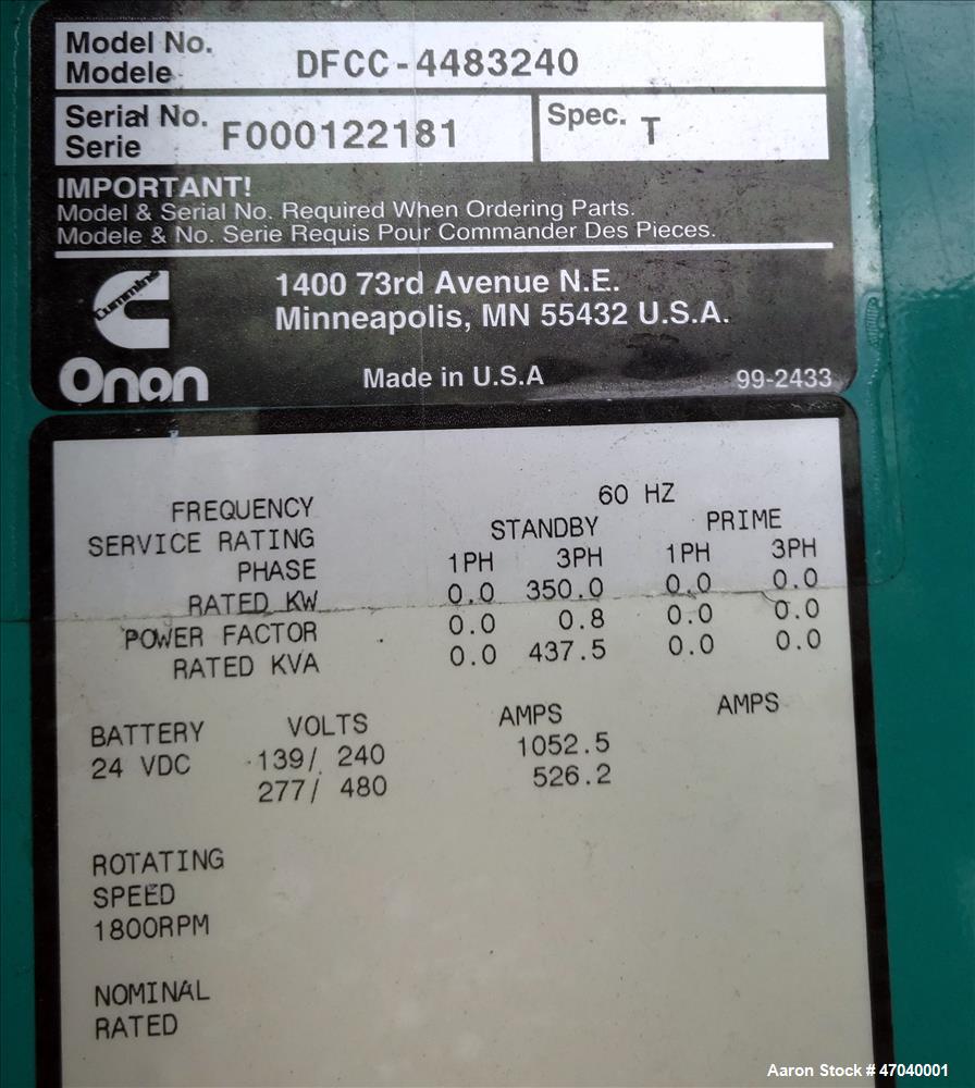 Used Cummins 350 kW diesel generator set, model DFCC. Cummins NTA855-G3 engine