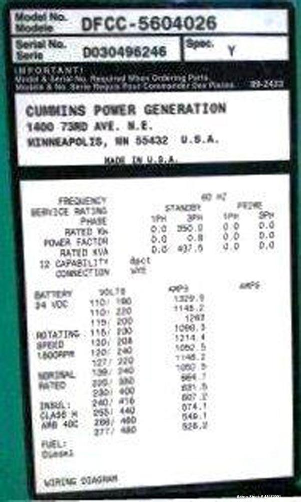 Used Cummins 350 kW Standby (315 kW Prime) Diesel Generator Set, Model DFCC, SN-D030496246. Cummins NTA855-G3 engine rated 535 HP @ 1800 RPM, SN-30369747.  3/60/208V, re-connectable to other voltages...
