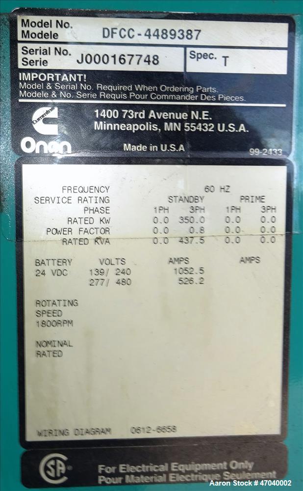 Used Cummins 350 kW diesel generator set, model DFCC. Cummins NTA855-G3 engine