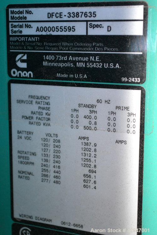 Used Cummins 400 kW Diesel Generator Set, Model DFCE-3387635, SN-A000055595. Cummins NTA-855-G5 engine SN-30363976 rated 605HP at 1800RPM. 3/60/480V 12 Lead. Main-line circuit breaker. PowerCommand d...