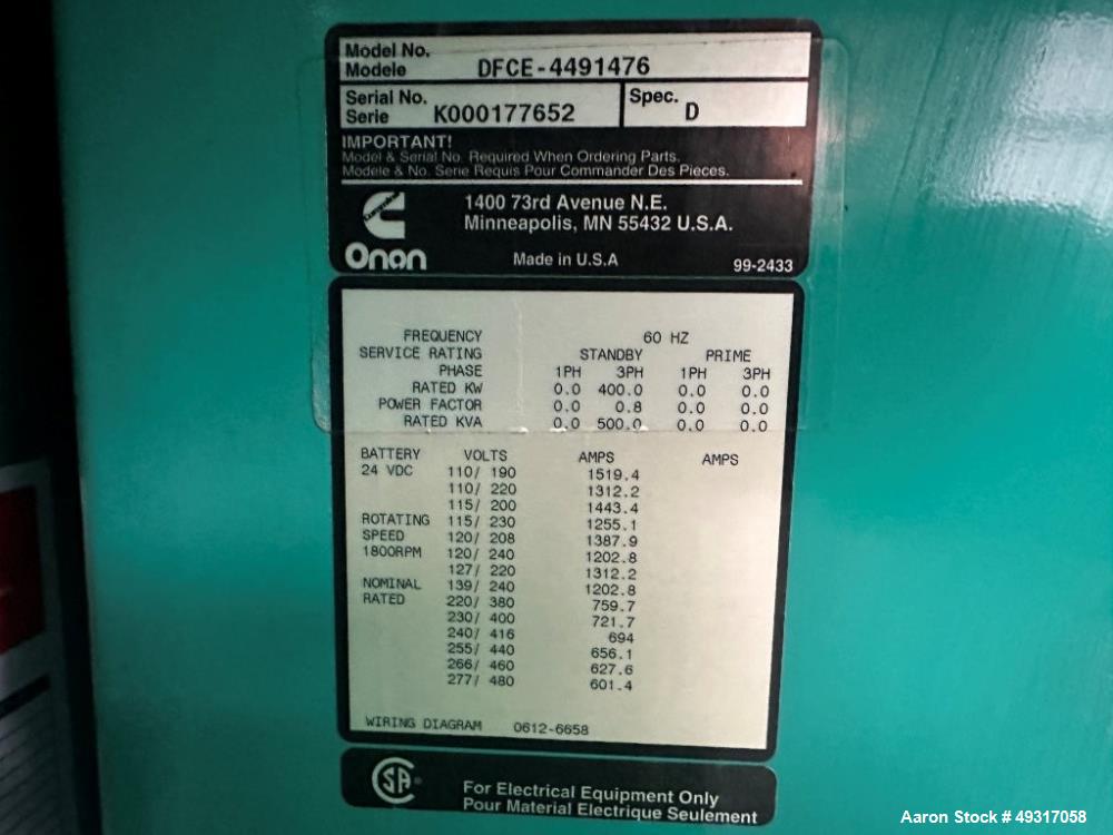 Cummins DFCE Standby Diesel Generator Set – 400 kW, NTA-855-G5 Engine (Used)