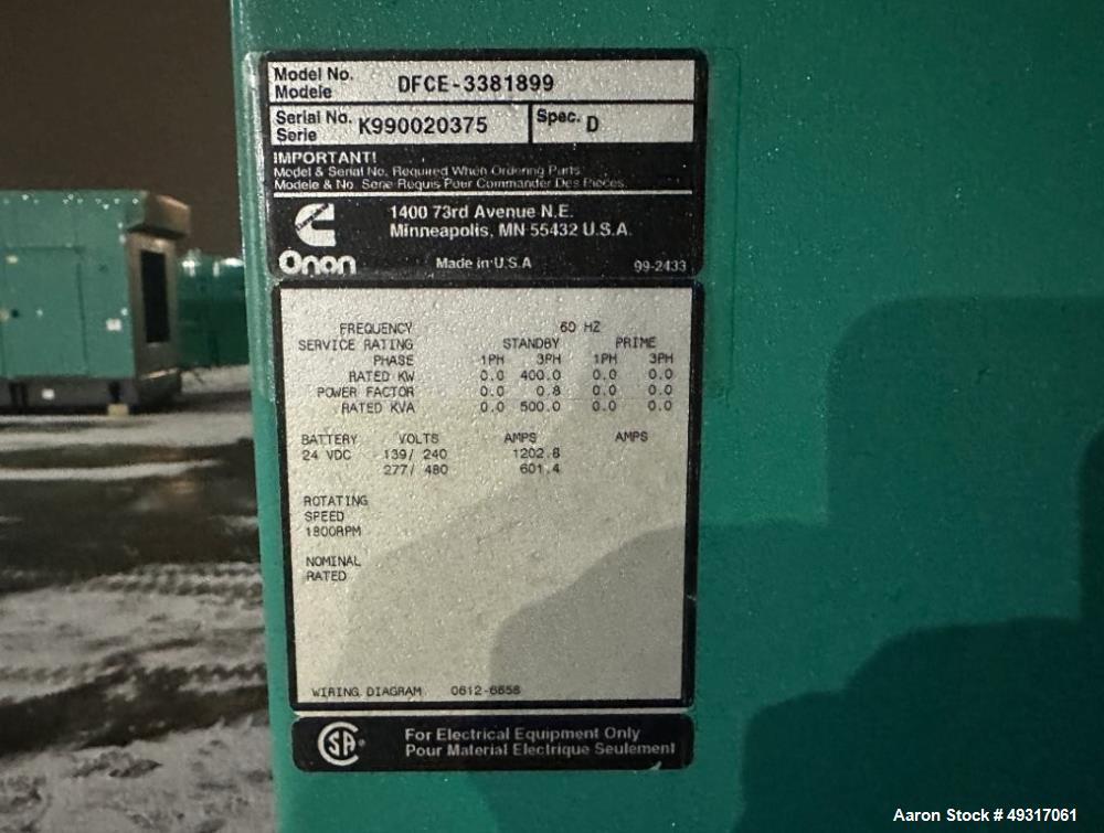 Used Cummins 400 kW Standby Diesel Generator Set | Cummins NTA855-G5 Power Generator