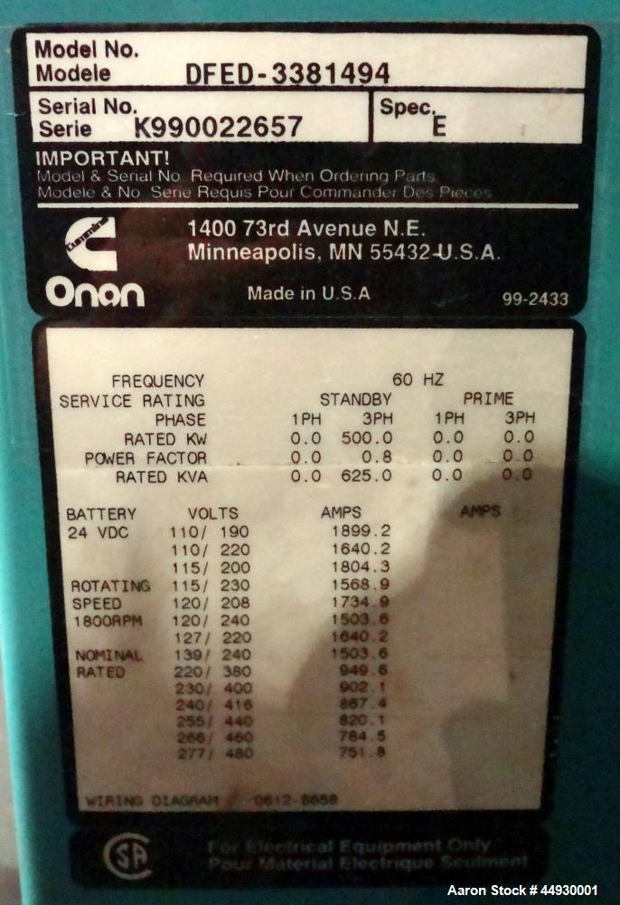 Used Cummins 500 kW standby (455 kW prime) diesel generator set, model DFED-3381494, SN-K990022657. Cummins KTA19-G4 engine rated 755HP at 1800 RPM, SN-37190171. 3/60/277/480V. 800 Amp main-line circ...