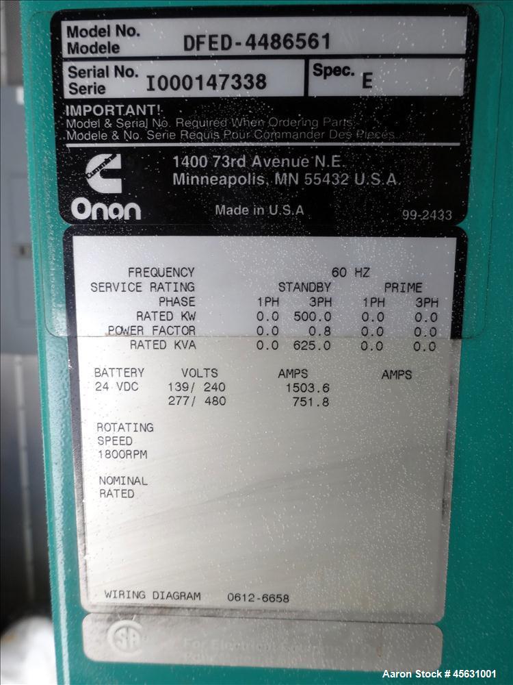 Used Cummins 500kW standby (455 kW prime) diesel generator set, model DFED-4486