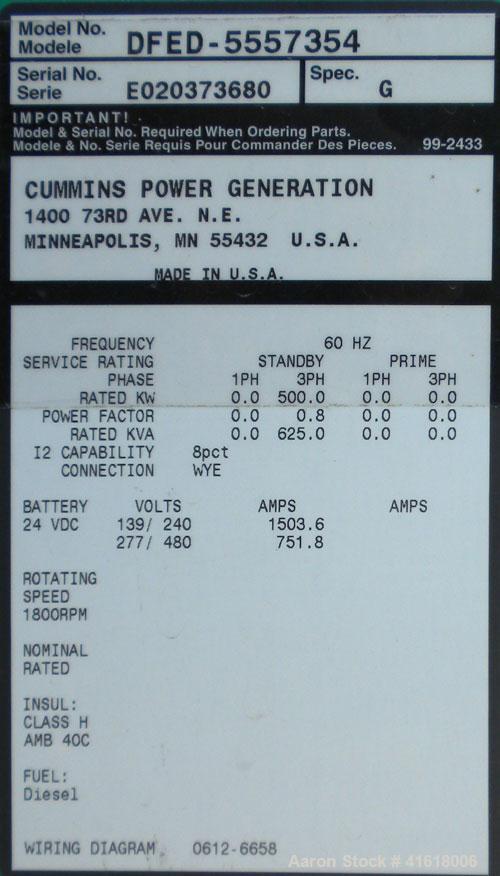 Used Cummins 500kW Diesel Generator Set, Model DFED-5557354, serial# E020373680. Cummins KTA19-G4 diesel engine, 6 cylinder, 755 hp at 1800 RPM, serial# 37203389. 3/60/277/480V. Main-line circuit bre...
