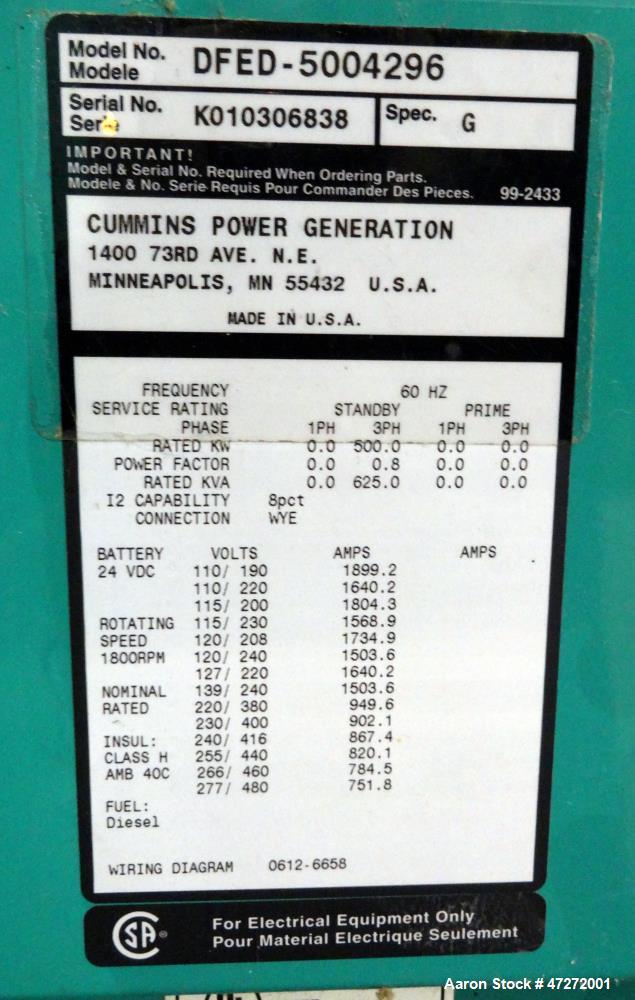 Used Cummins 500 kW diesel generator set, model DFED. Cummins KTA19-G4 engine