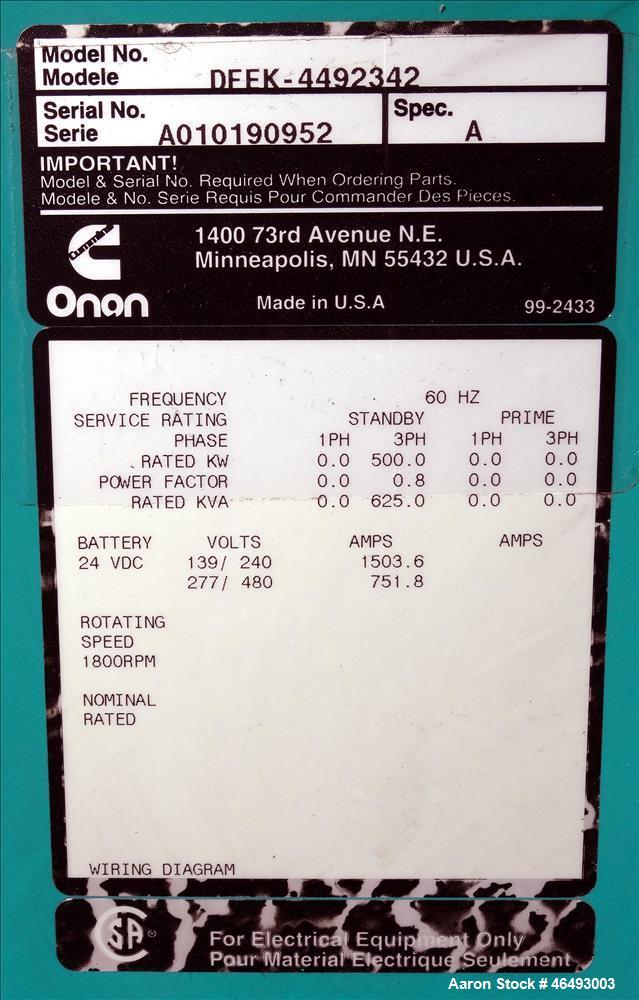 Used Cummins 500 kW diesel generator, model DFEK. Cummins QSX15-G9 engine.