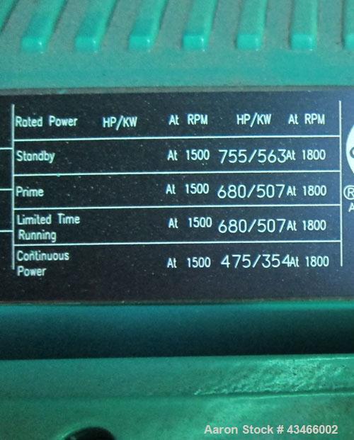 Used Cummins 500 kW standby (455kW prime) diesel generator set, model DFEK-5773752 SN- J060985454. Cummins QSX-15-G9 rated 755 hp @ 1800 rpm, EPA Tier II certified, SN-31006015. 3/60/277-480V with PM...
