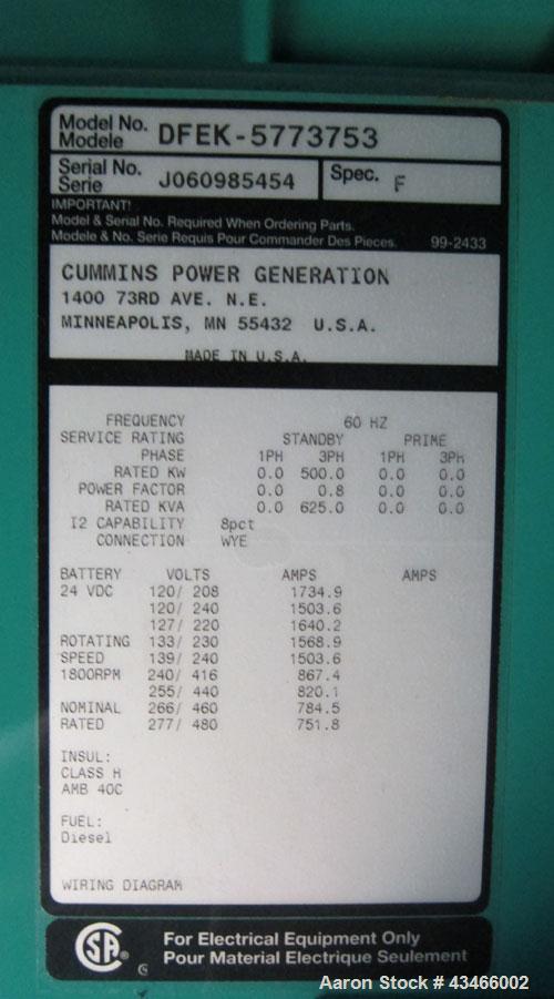Used Cummins 500 kW standby (455kW prime) diesel generator set, model DFEK-5773752 SN- J060985454. Cummins QSX-15-G9 rated 755 hp @ 1800 rpm, EPA Tier II certified, SN-31006015. 3/60/277-480V with PM...