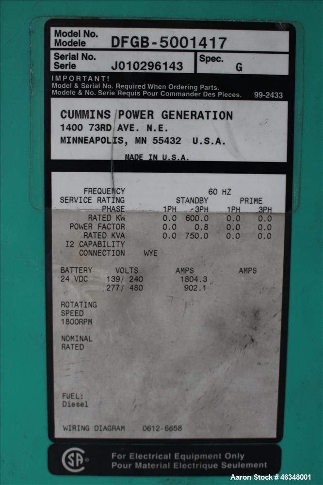 Used-Cummins 600 kW diesel generator, model DFGB. Cummins VTA-28-G5 engine.