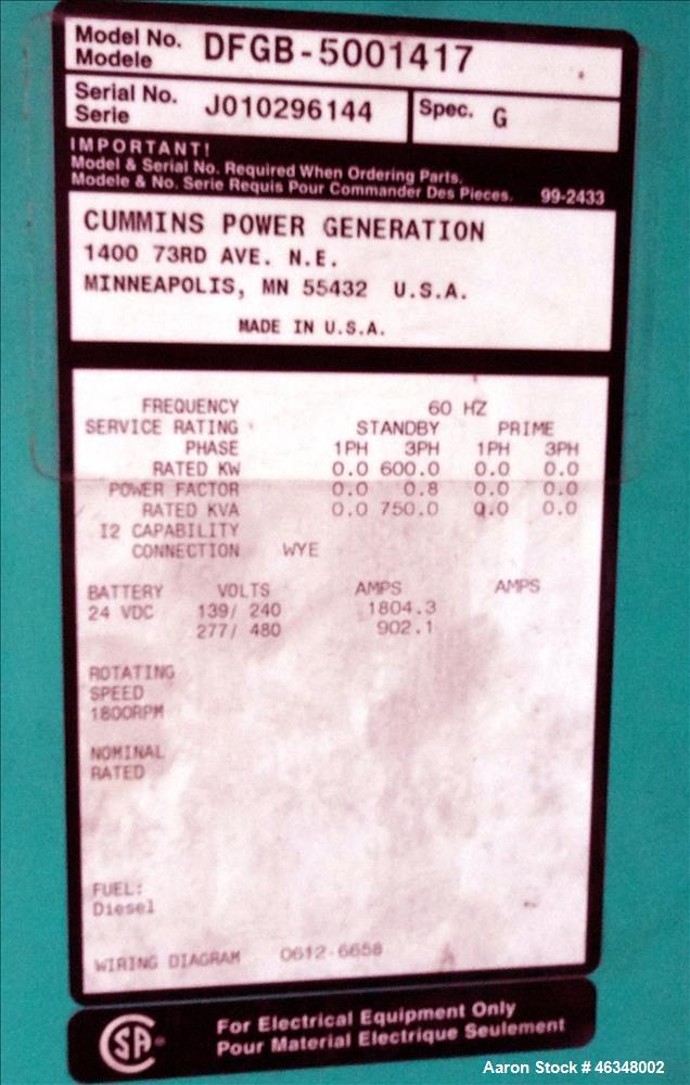 Used Cummins 600 kW diesel generator, model DFGB. Cummins VTA-28-G5 engine.
