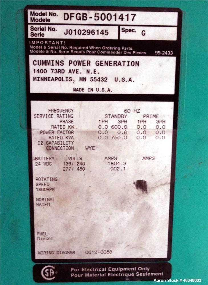 Used Cummins 600 kW diesel generator, model DFGB. Cummins VTA-28-G5 engine.