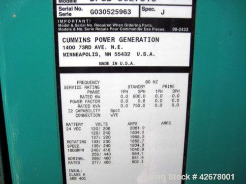 Used Cummins 600kW standby / 545kW prime diesel generator set. Cummins model DFGB SN-G030525963. Cummins model VTA-28-G5 turbocharged aftercooled engine rated 900 hp @ 1800 rpm. Serial #52959. 3/60/2...
