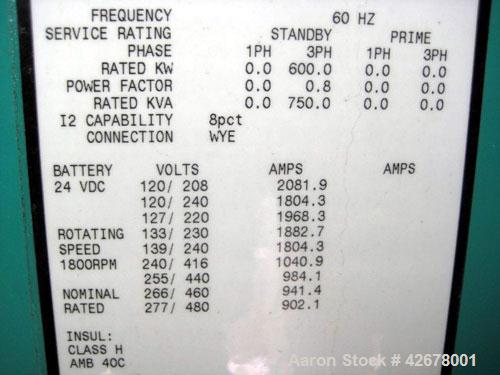 Used Cummins 600kW standby / 545kW prime diesel generator set. Cummins model DFGB SN-G030525963. Cummins model VTA-28-G5 turbocharged aftercooled engine rated 900 hp @ 1800 rpm. Serial #52959. 3/60/2...