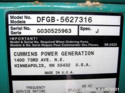Used Cummins 600kW standby / 545kW prime diesel generator set. Cummins model DFGB SN-G030525963. Cummins model VTA-28-G5 turbocharged aftercooled engine rated 900 hp @ 1800 rpm. Serial #52959. 3/60/2...