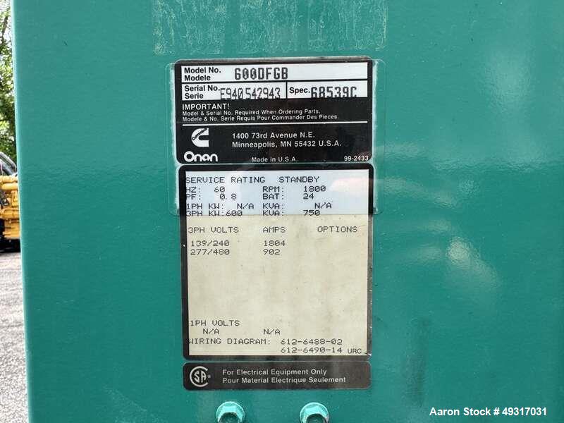 Used Cummins 600 kW Standby (545 kW prime) Diesel Generator - Model DFGB
