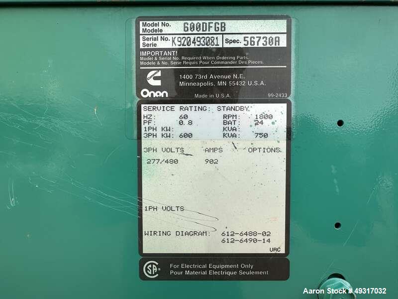 Used Cummins 600 kW Standby (545 kW prime) Diesel Generator Set - Model DFGB