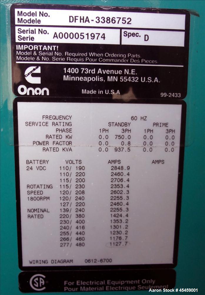 Used Cummins 750 kW Standby Diesel Generator Set, Model DFHA-3389752
