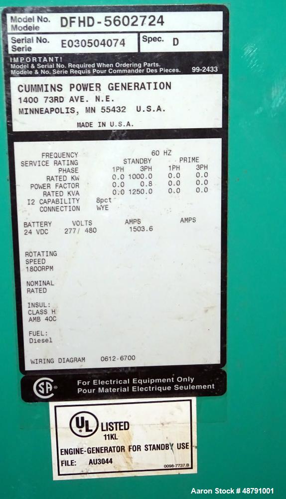 Used Cummins 1000 kW Standby Diesel Generator