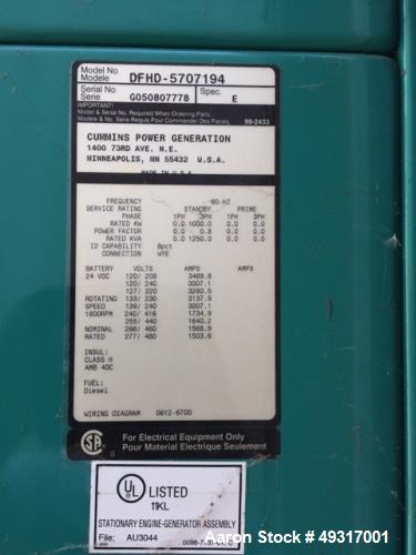 Used Cummins 1000 kW standby (900 kW prime) diesel generator set model DFHD - 5707194, SN-G050807778. Cummins QST30-G5 engine rated 1490 HP at 1800 RPM. 3/60/277/480V. 1600 Amp main-line circuit brea...