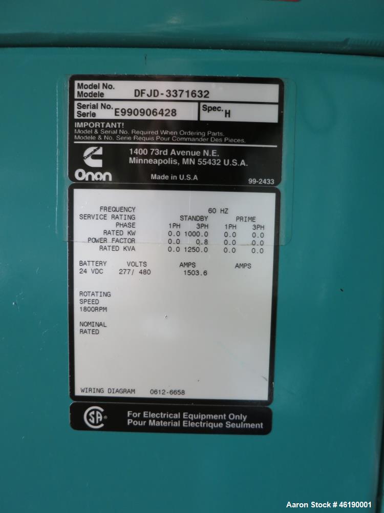 Used Cummins 1000 kW Standby (900 kW prime) Diesel Generator Set