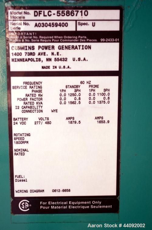 Unused- Cummins 1250 kW standby (1100 kW prime) diesel generator set. Cummins model DFLC-5586710, SN-A030459400. Cummins KTA50-G3 engine rated 1850 HP @ 1800 RPM, SN-33153192, emissions EPA tier 1 ce...