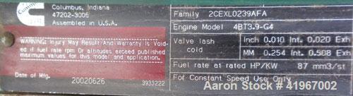 Used Cummins 60 kW Diesel Generator Set. Cummins set model DGCB-5563780, Serial#-F020386008, Spec # S. Cummins 4BT3.9-G4 engine rated 102HP @ 1800RPM. 3/60/277/480V currently set up for 240V, reconne...
