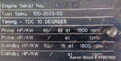 Used Cummins 60 kW Diesel Generator Set. Cummins set model DGCB-5563780, Serial#-F020386008, Spec # S. Cummins 4BT3.9-G4 engine rated 102HP @ 1800RPM. 3/60/277/480V currently set up for 240V, reconne...
