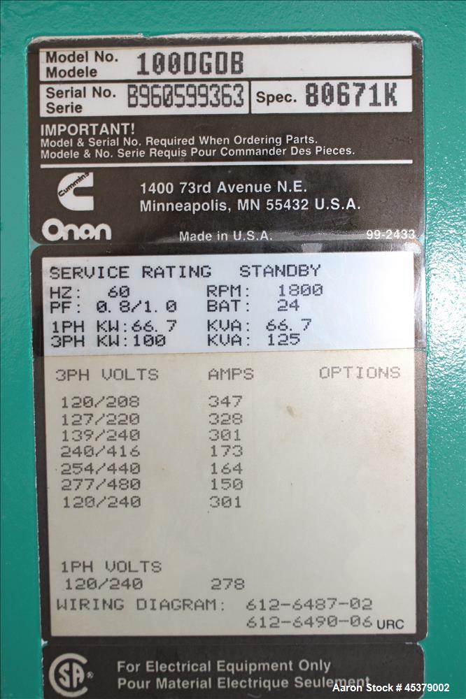 Used Cummins 100 kW generator, model DGDB. Cummins model GBT5.9-G2 engine.
